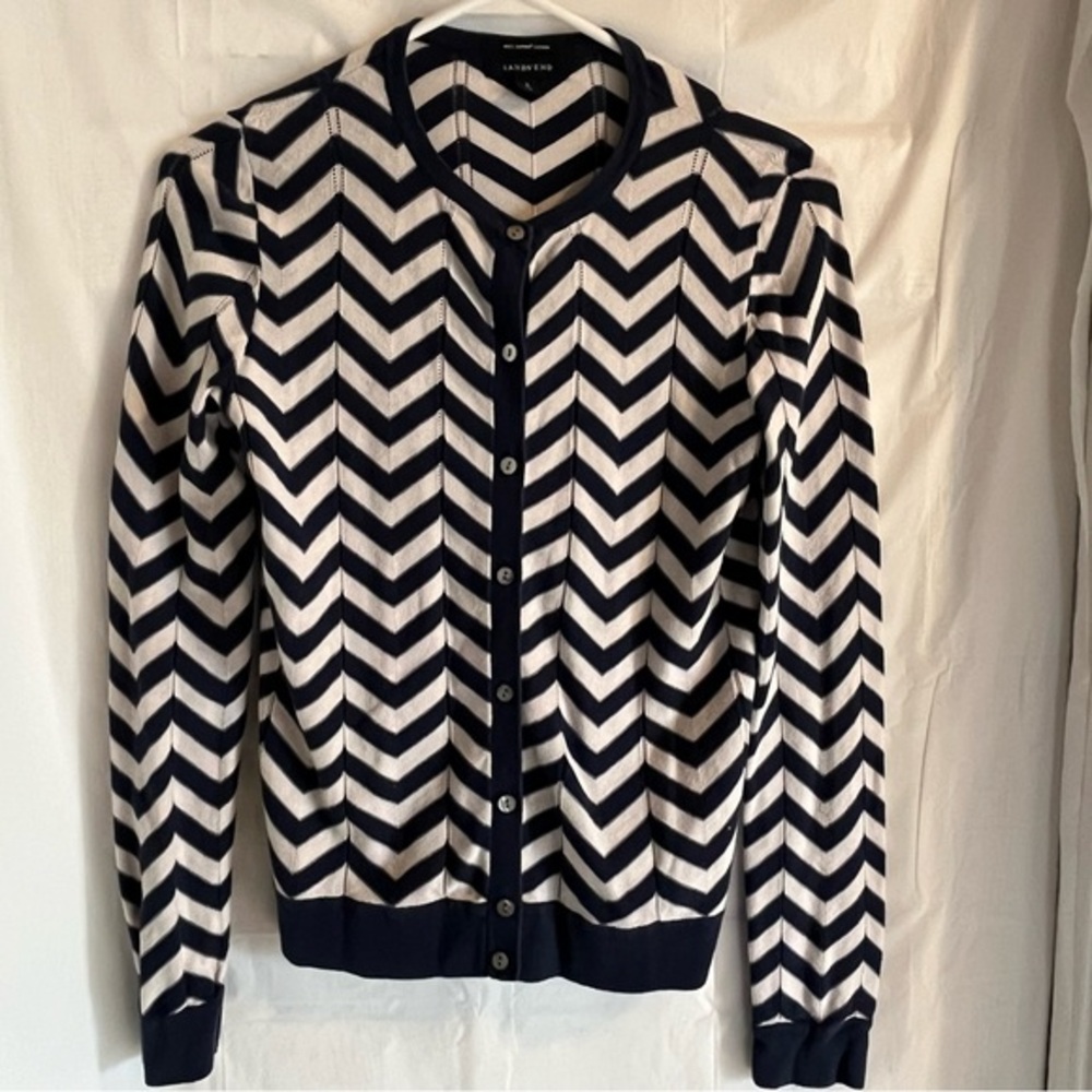 Lands’ End 100%‎ Supima Cotton Cardigan Womens Size Small Navy and White Chevron